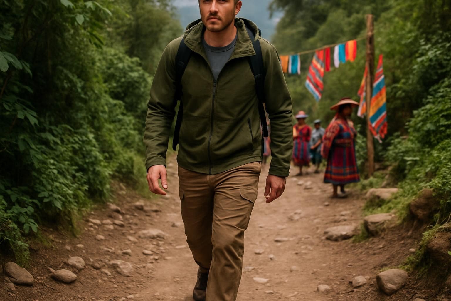 A determined man hikes along a rugged trail, surrounded by vibrant local culture and lush foliage in Peru. A determined man hikes along a rugged trail, surrounded by vibrant local culture and lush foliage in Peru.