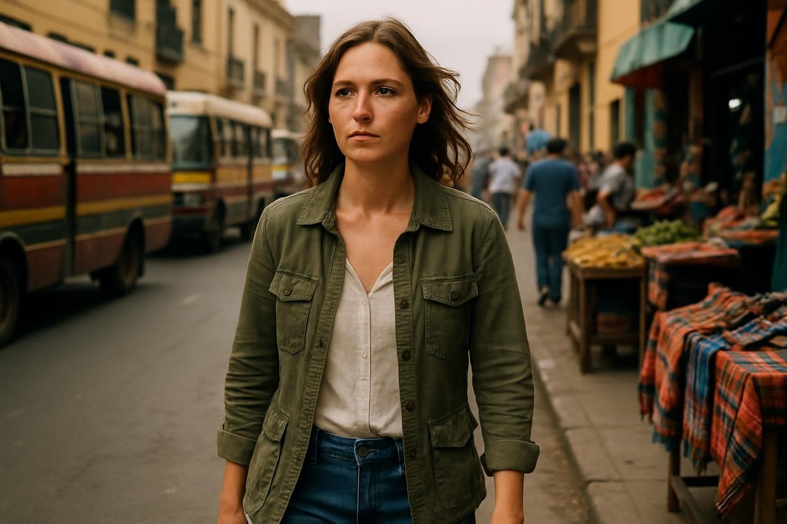 A determined woman walks through a bustling street in Lima, surrounded by vibrant buses, vendors, and lively pedestrians. A determined woman walks through a bustling street in Lima, surrounded by vibrant buses, vendors, and lively pedestrians.