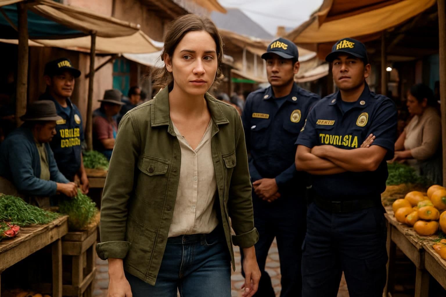 A woman navigates a lively Peruvian market, surrounded by vendors and colorful stalls, while Tourism Police observe nearby. A woman navigates a lively Peruvian market, surrounded by vendors and colorful stalls, while Tourism Police observe nearby.