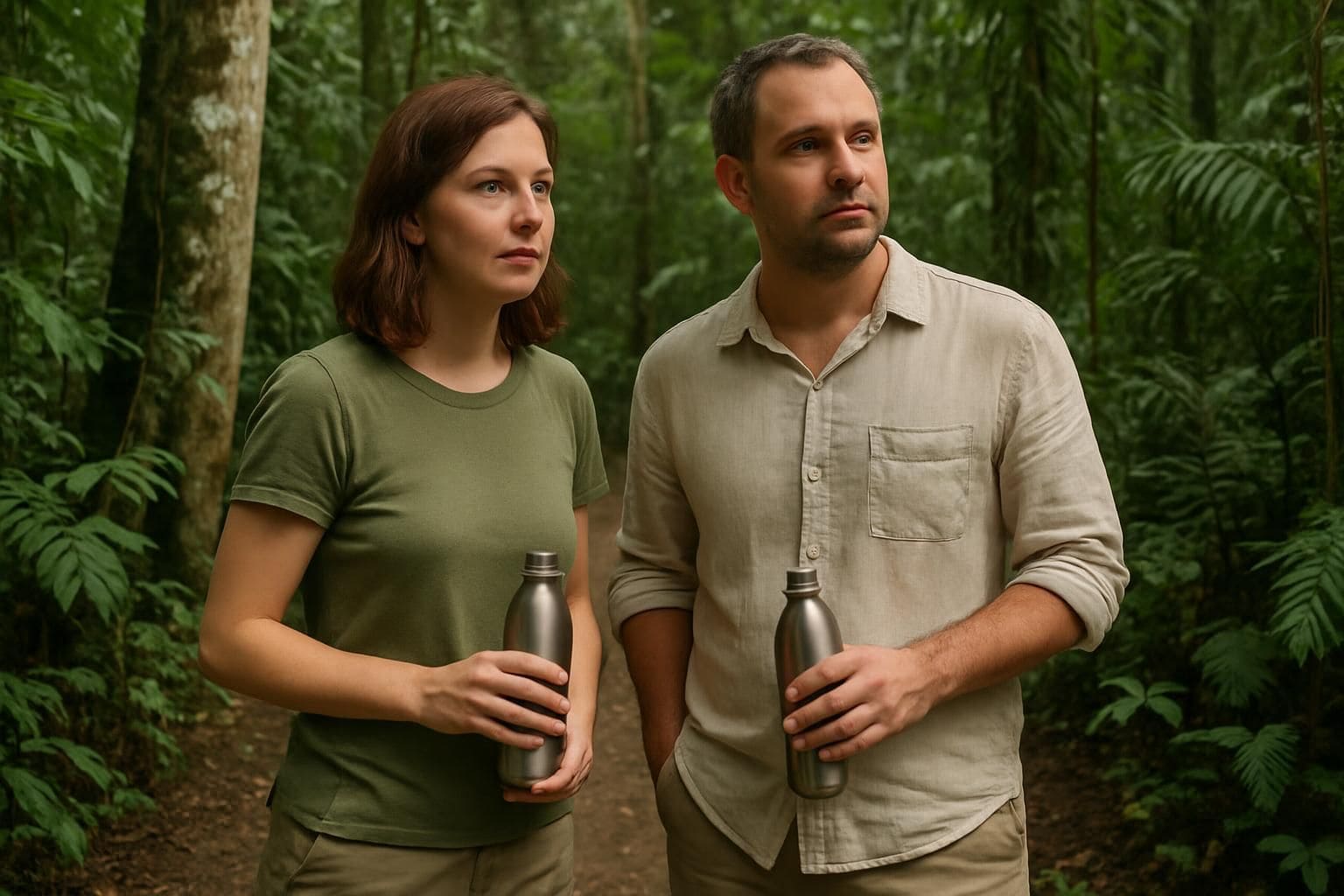 A couple stands on a dirt path in the Amazon rainforest, showcasing their adventurous spirit and eco-consciousness. A couple stands on a dirt path in the Amazon rainforest, showcasing their adventurous spirit and eco-consciousness.