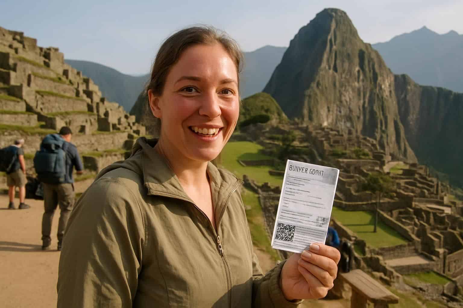 A woman smiles excitedly at Machu Picchu, holding a ticket while surrounded by tourists and ancient ruins. A woman smiles excitedly at Machu Picchu, holding a ticket while surrounded by tourists and ancient ruins.