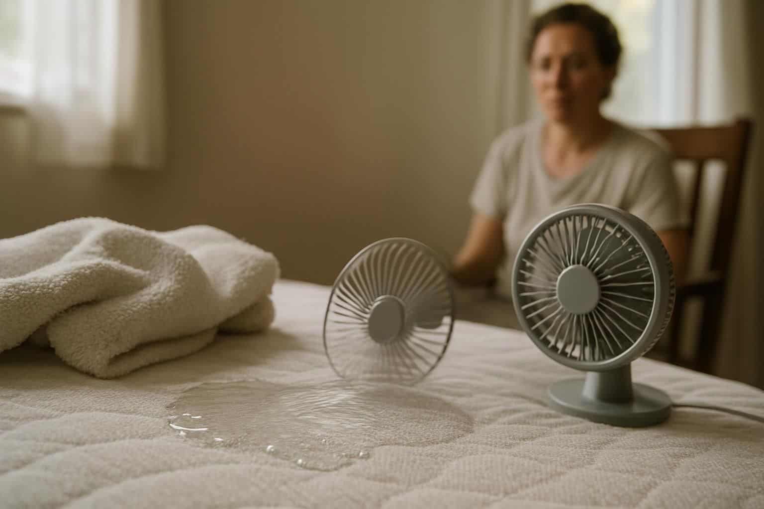 A wet mattress being dried by a fan, with a person sitting nearby. A wet mattress being dried by a fan, with a person sitting nearby.