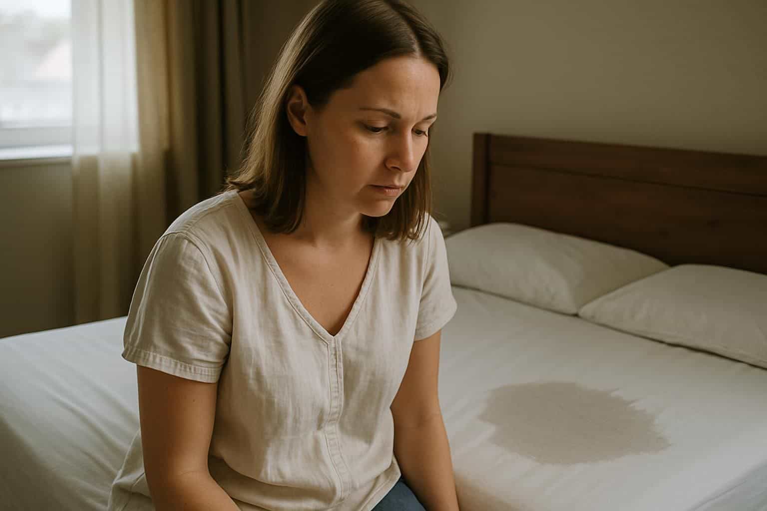 A woman in her mid-30s sits on a neatly made bed in a peaceful, sunlit room. A woman in her mid-30s sits on a neatly made bed in a peaceful, sunlit room.