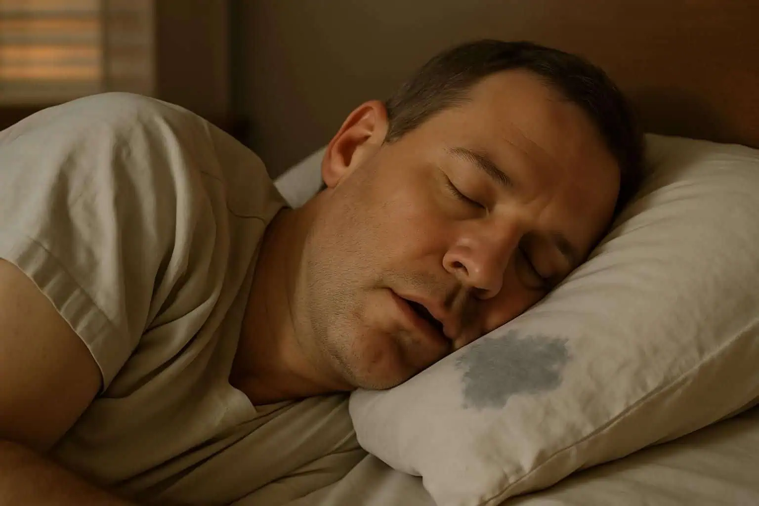 A man peacefully sleeping on a white pillow with a damp patch. A man peacefully sleeping on a white pillow with a damp patch.