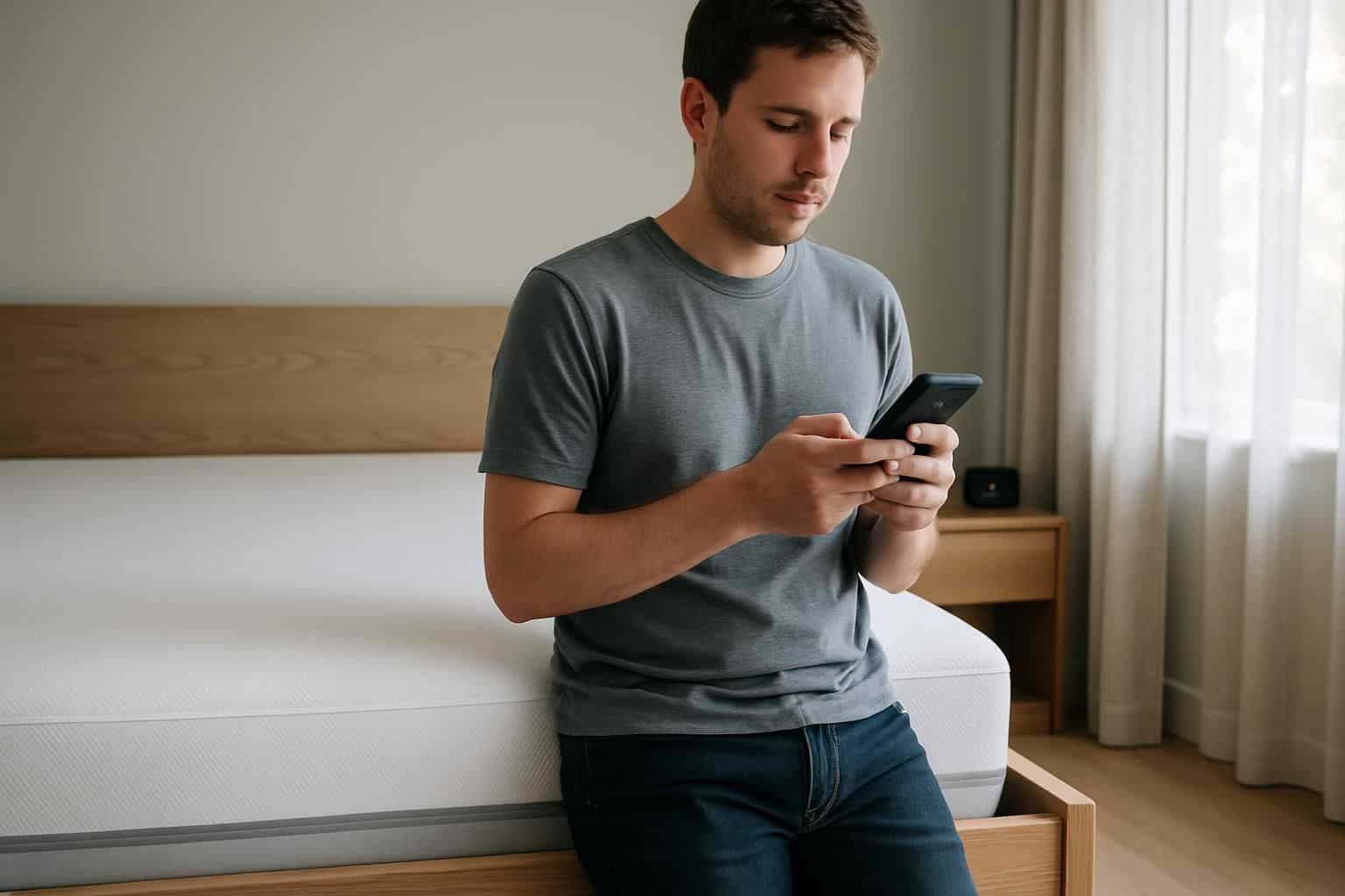 A man in his 30s stands casually in a modern bedroom, scrolling on his smartphone. A man in his 30s stands casually in a modern bedroom, scrolling on his smartphone.