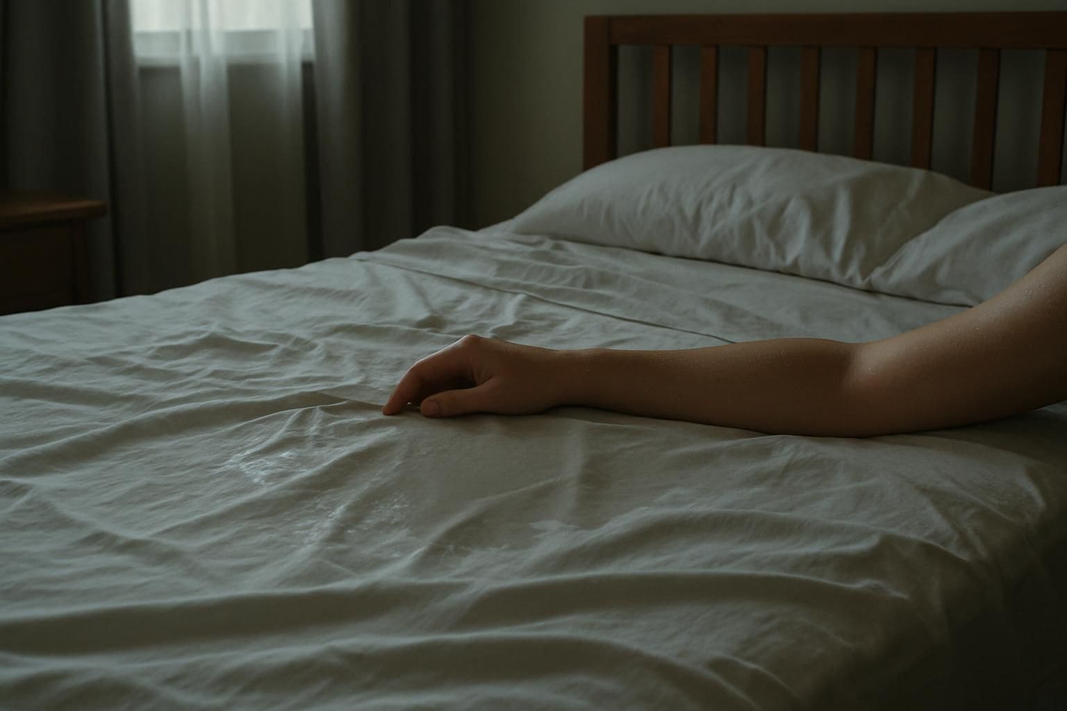 A rumpled bed with damp sheets and a sweaty arm resting on them in a dimly lit bedroom. A rumpled bed with damp sheets and a sweaty arm resting on them in a dimly lit bedroom.