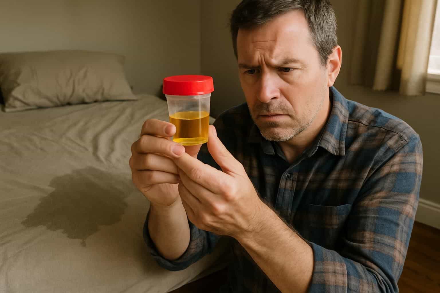 A middle-aged man inspects a urine sample beside an unmade bed in a cozy, lived-in room. A middle-aged man inspects a urine sample beside an unmade bed in a cozy, lived-in room.
