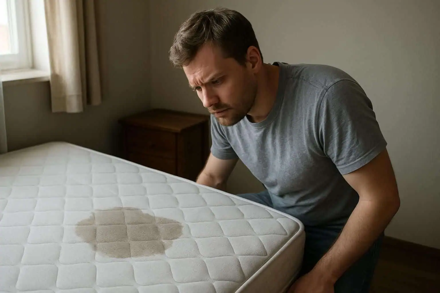 A man inspects a damp patch on a mattress in a modestly furnished bedroom. A man inspects a damp patch on a mattress in a modestly furnished bedroom.