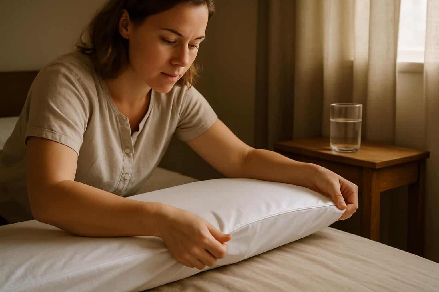 A woman in her 30s carefully making a bed by putting on a waterproof mattress cover. A woman in her 30s carefully making a bed by putting on a waterproof mattress cover.