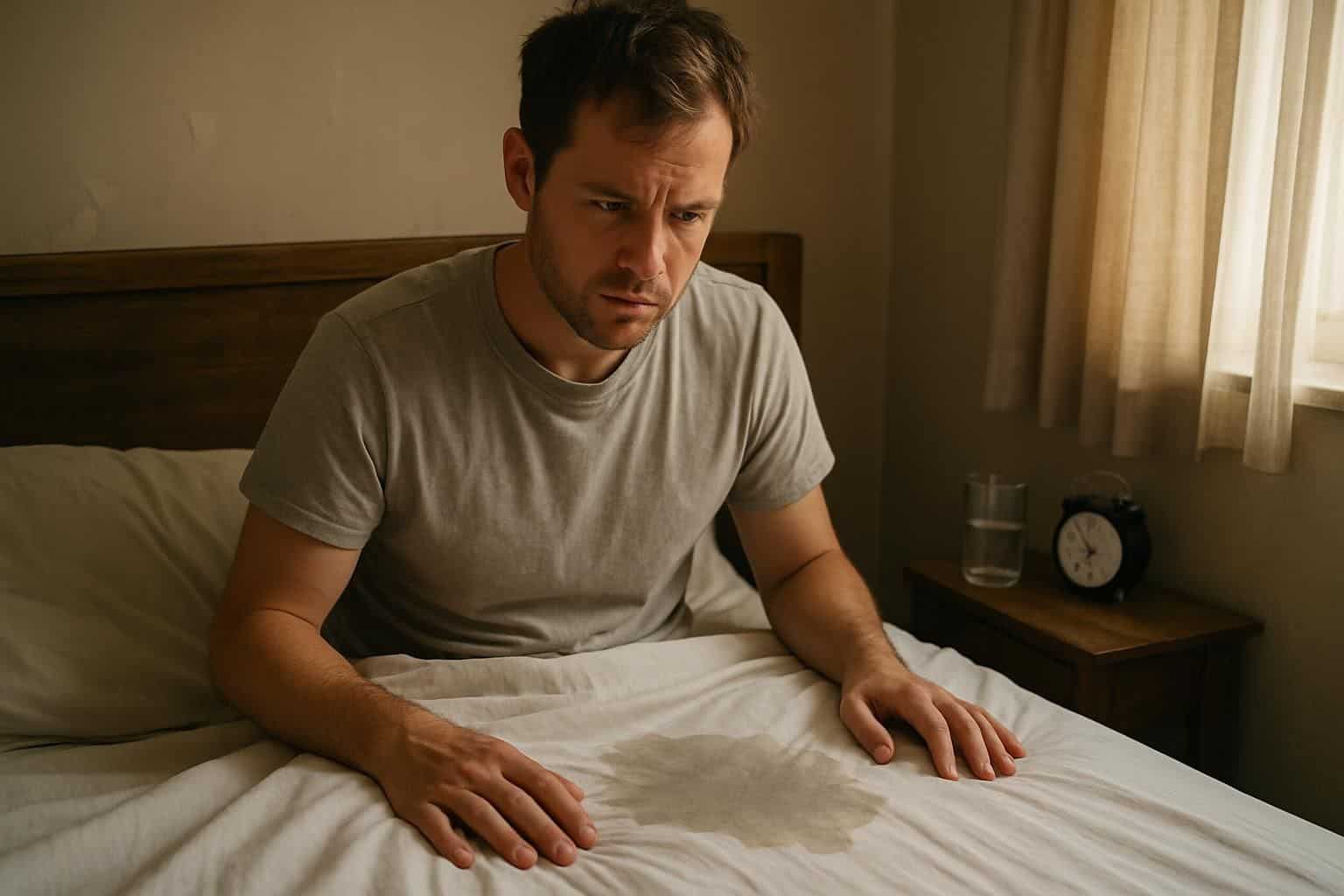 A man in his 30s sits in bed, looking concerned at a wet patch on the sheets. A man in his 30s sits in bed, looking concerned at a wet patch on the sheets.