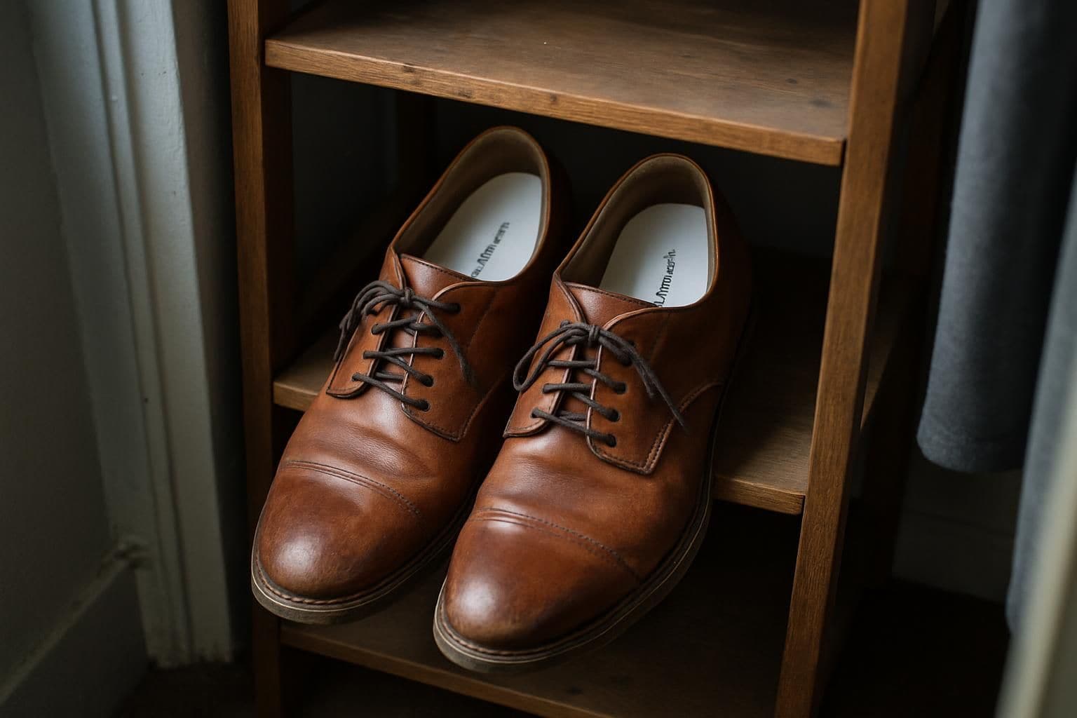 A pair of scuffed brown leather height-boosting shoes rests neatly on a rustic wooden shoe rack in an orderly closet. A pair of scuffed brown leather height-boosting shoes rests neatly on a rustic wooden shoe rack in an orderly closet.