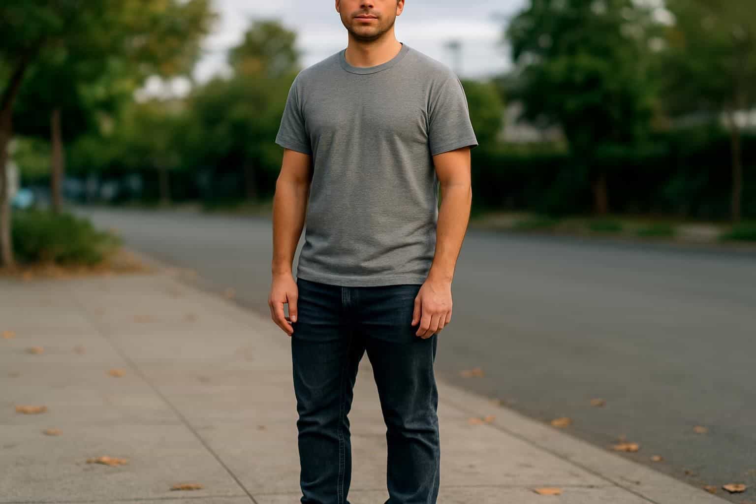 A casually dressed man stands outdoors, showcasing stylish height-boosting sneakers against a textured sidewalk with autumn leaves. A casually dressed man stands outdoors, showcasing stylish height-boosting sneakers against a textured sidewalk with autumn leaves.