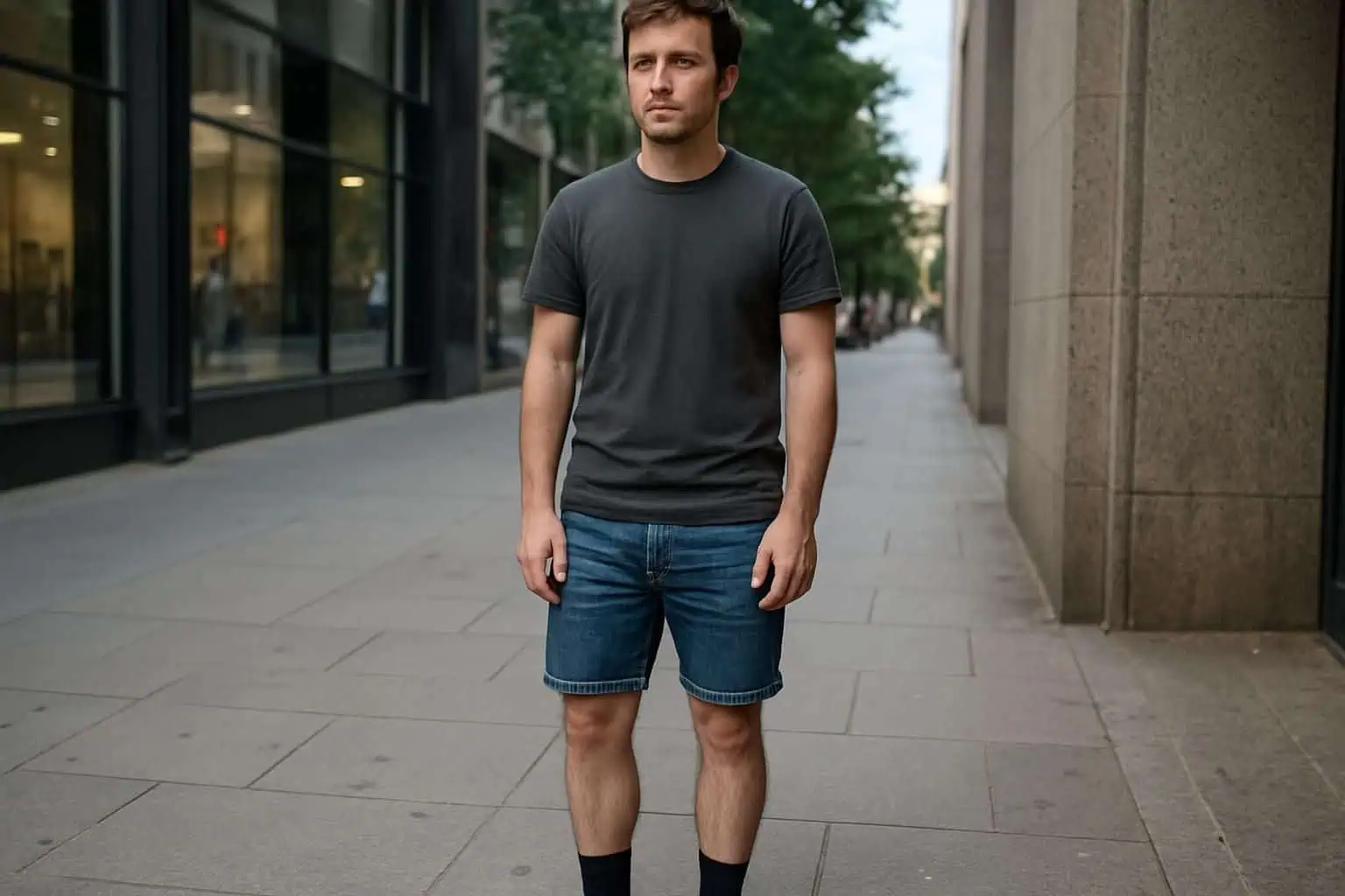 A man in denim shorts and sneakers stands thoughtfully on a city sidewalk with urban storefronts and greenery behind him. A man in denim shorts and sneakers stands thoughtfully on a city sidewalk with urban storefronts and greenery behind him.