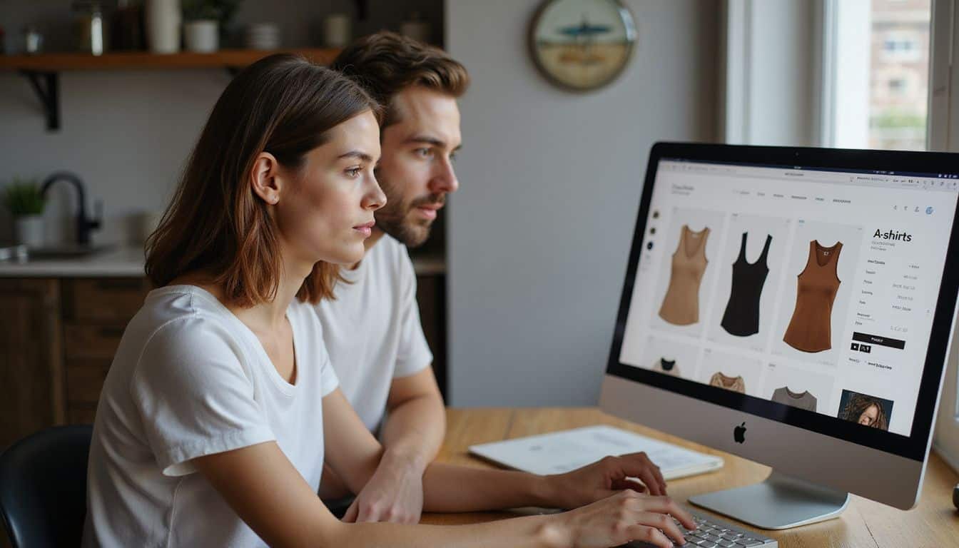 A young couple sits closely at a wooden desk, focused on online shopping for tank tops together. A young couple sits closely at a wooden desk, focused on online shopping for tank tops together.