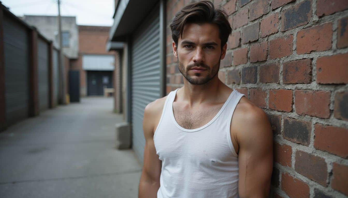 A determined man in a tank top stands against a weathered brick wall in an urban alleyway. A determined man in a tank top stands against a weathered brick wall in an urban alleyway.