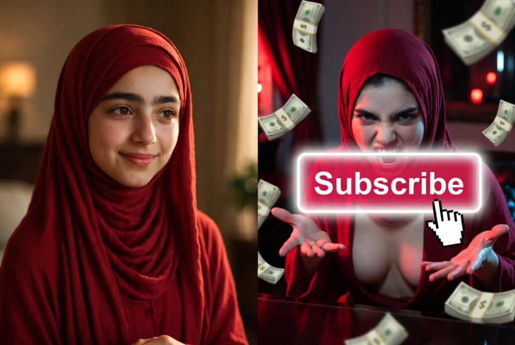 Young woman wearing a red hijab smiling softly, with a confident expression, in a warm indoor setting.