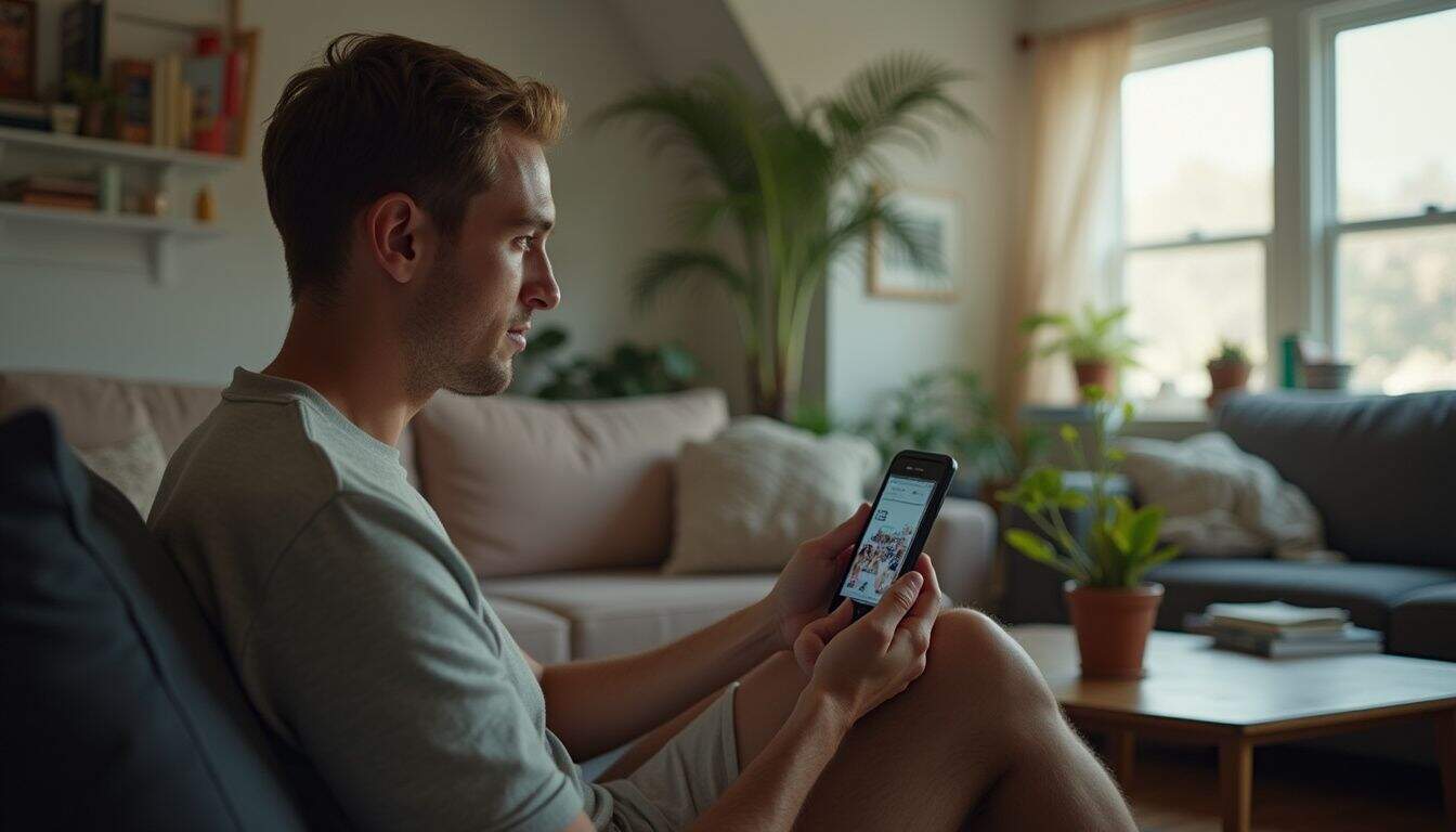 A relaxed individual in their 30s enjoys watching a video on their iPhone in a cozy, lived-in living room.