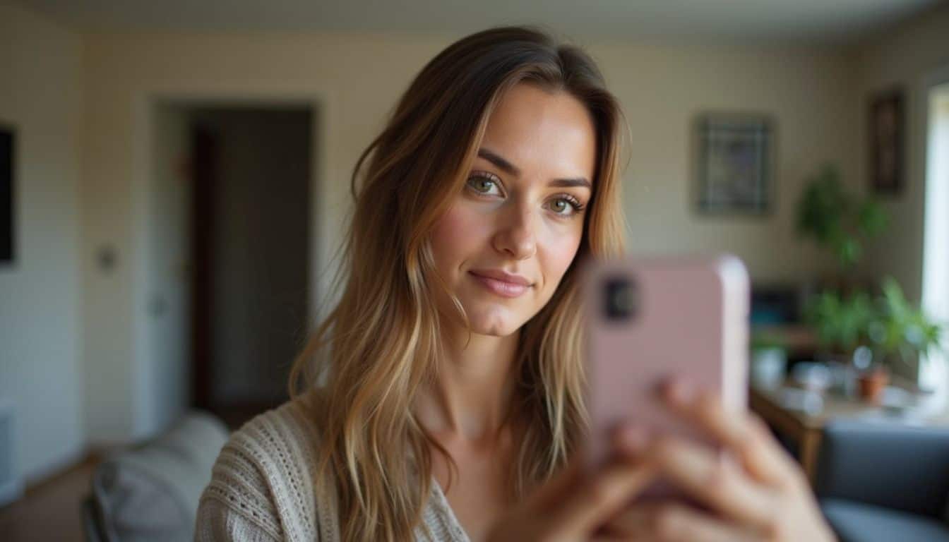 A woman in her late 20s casually takes a relaxed, unposed selfie in a cluttered home environment.