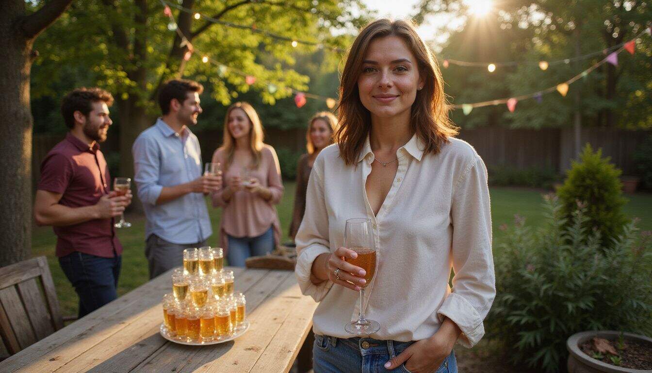 A confident woman enjoys a relaxed celebration with friends in a charming backyard adorned with fairy lights and decorations. A confident woman enjoys a relaxed celebration with friends in a charming backyard adorned with fairy lights and decorations.