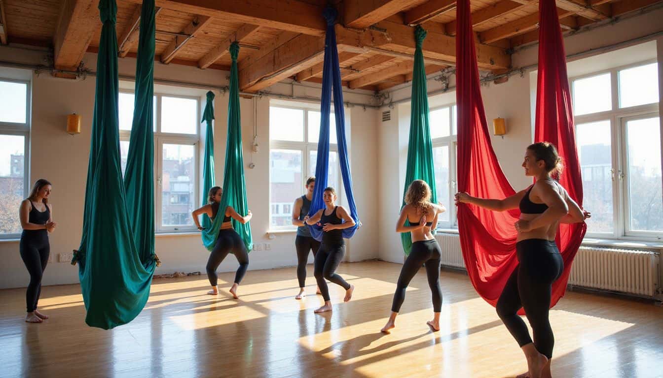 A vibrant aerial yoga studio features colorful hammocks and a diverse group engaging in warm-up stretches and conversation. A vibrant aerial yoga studio features colorful hammocks and a diverse group engaging in warm-up stretches and conversation.