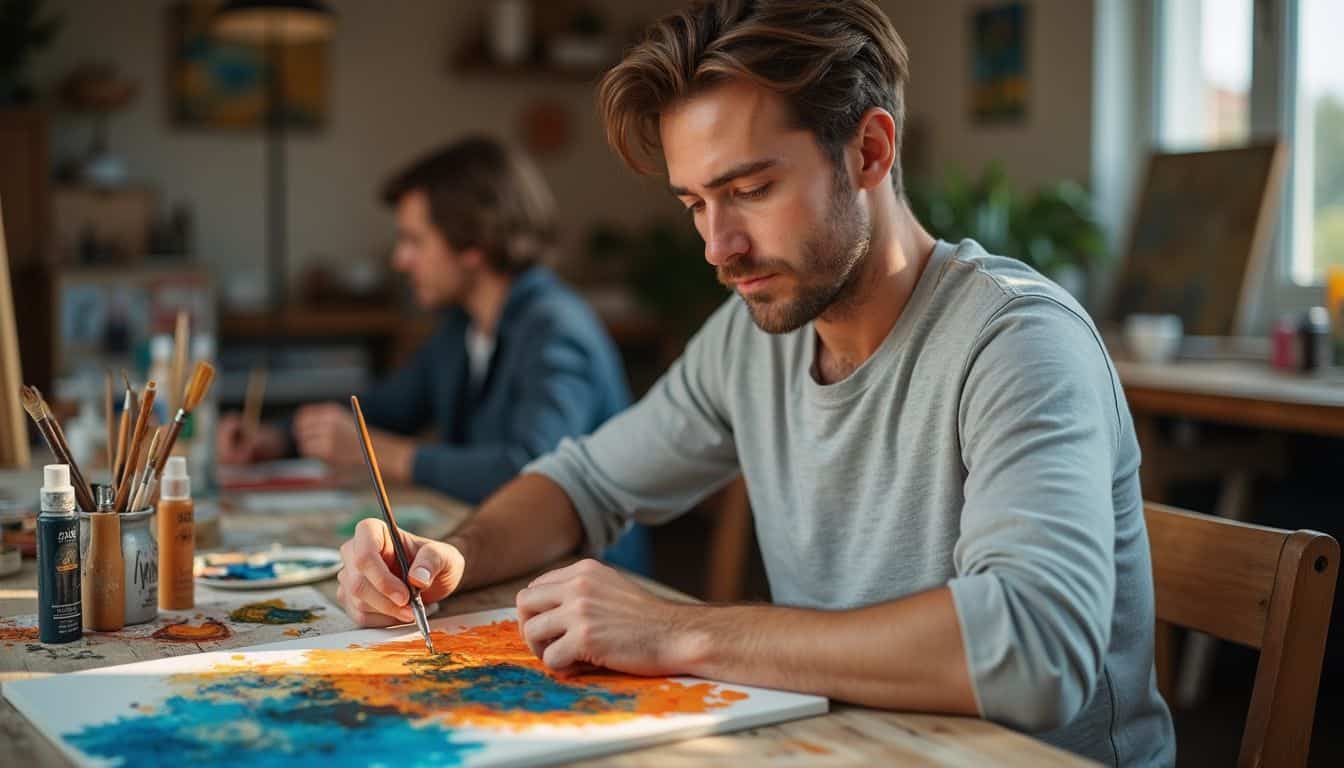 A man in his 30s paints on a canvas, immersed in creativity and personal renewal after a divorce. A man in his 30s paints on a canvas, immersed in creativity and personal renewal after a divorce.
