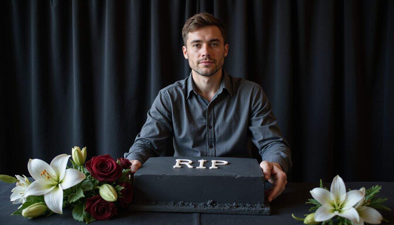 A man stands next to a black granite tombstone, holding a cake that commemorates a wedding in a somber setting. A man stands next to a black granite tombstone, holding a cake that commemorates a wedding in a somber setting.