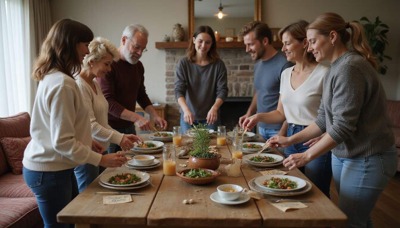 A group of friends of varying ages joyfully gathers in a cozy living room, sharing a meal together. A group of friends of varying ages joyfully gathers in a cozy living room, sharing a meal together.