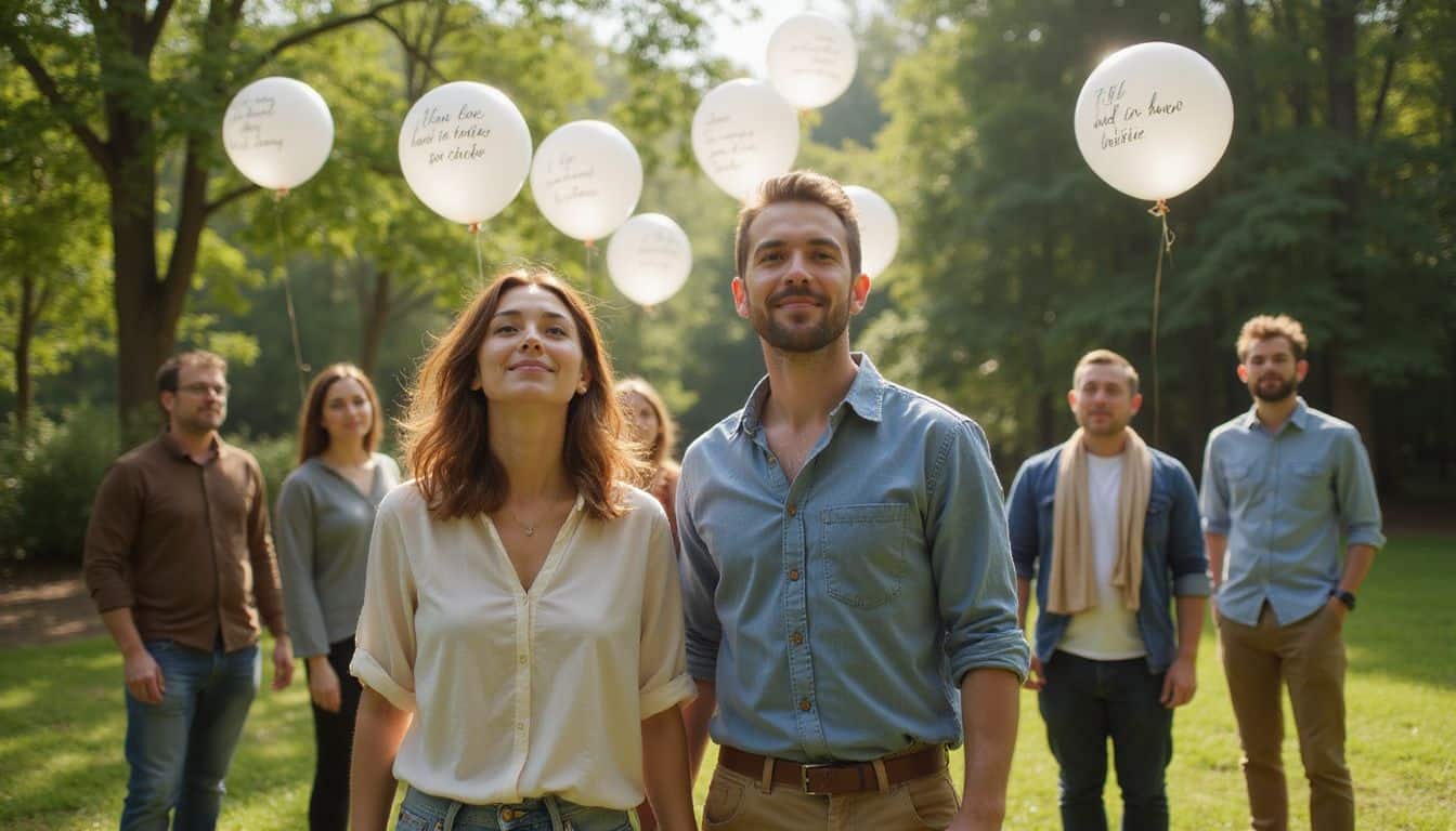 A woman releases biodegradable balloons with personalized messages while surrounded by supportive friends and family in a serene outdoor setting. A woman releases biodegradable balloons with personalized messages while surrounded by supportive friends and family in a serene outdoor setting.