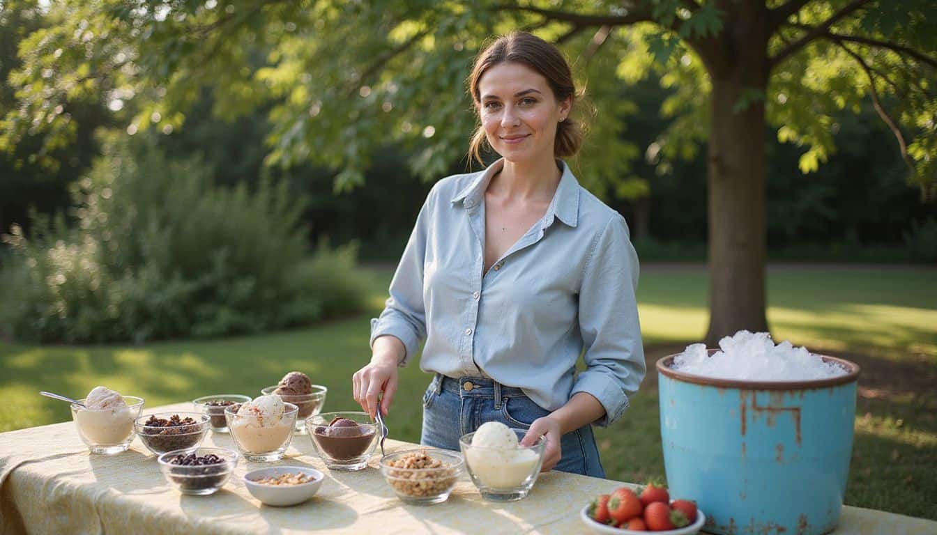 A woman arranges an ice cream sundae bar with vibrant toppings at an outdoor summer gathering. A woman arranges an ice cream sundae bar with vibrant toppings at an outdoor summer gathering.