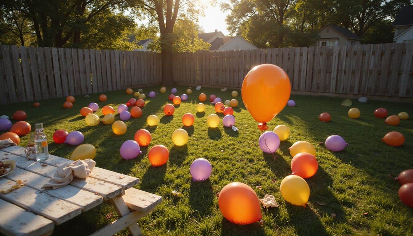 A woman releases a balloon in a suburban backyard filled with colorful balloons, remnants of a small celebration nearby. A woman releases a balloon in a suburban backyard filled with colorful balloons, remnants of a small celebration nearby.