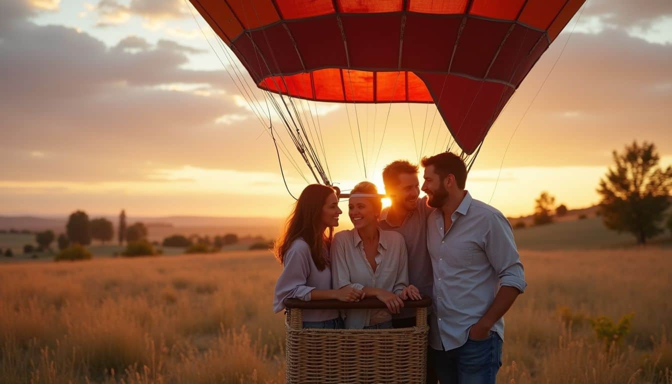 A group of individuals celebrates a divorce with a hot air balloon ride during a scenic sunset. A group of individuals celebrates a divorce with a hot air balloon ride during a scenic sunset.