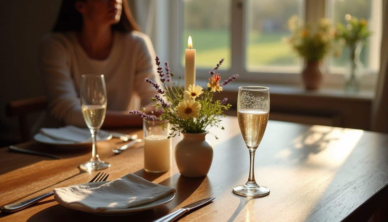 An elegantly set dining table features a candle, wildflowers, champagne, and a relaxed individual in a serene moment. An elegantly set dining table features a candle, wildflowers, champagne, and a relaxed individual in a serene moment.