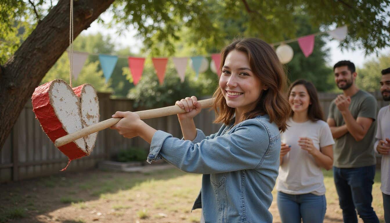 A cheerful woman swings a bat at a heart-shaped piñata while friends cheer her on in a backyard celebration. A cheerful woman swings a bat at a heart-shaped piñata while friends cheer her on in a backyard celebration.