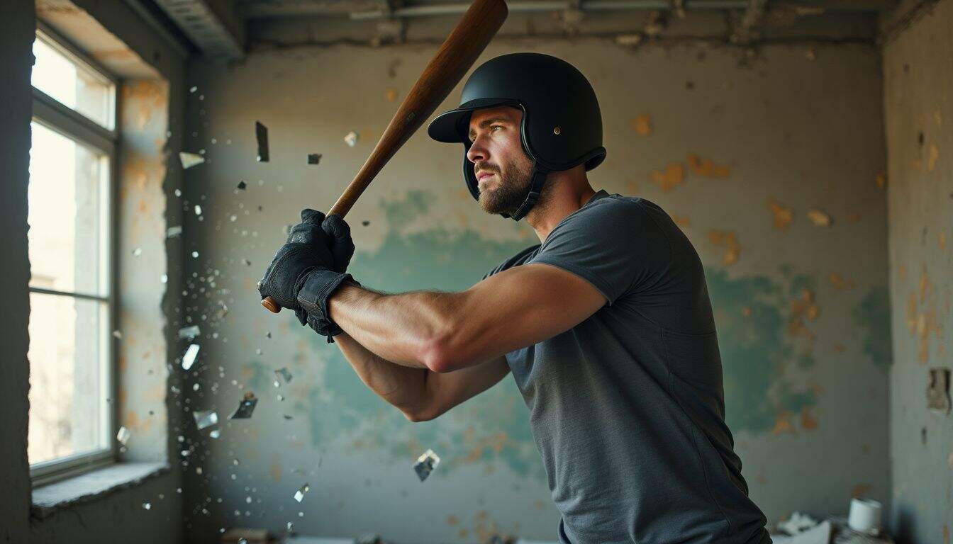 A determined man in a helmet swings a baseball bat in a chaotic rage room filled with debris. A determined man in a helmet swings a baseball bat in a chaotic rage room filled with debris.