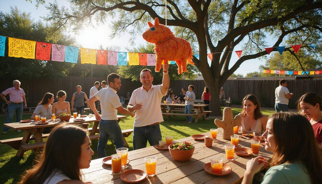 A joyful Cinco de Mayo celebration features guests engaging around picnic tables with a piñata and festive decorations. A joyful Cinco de Mayo celebration features guests engaging around picnic tables with a piñata and festive decorations.