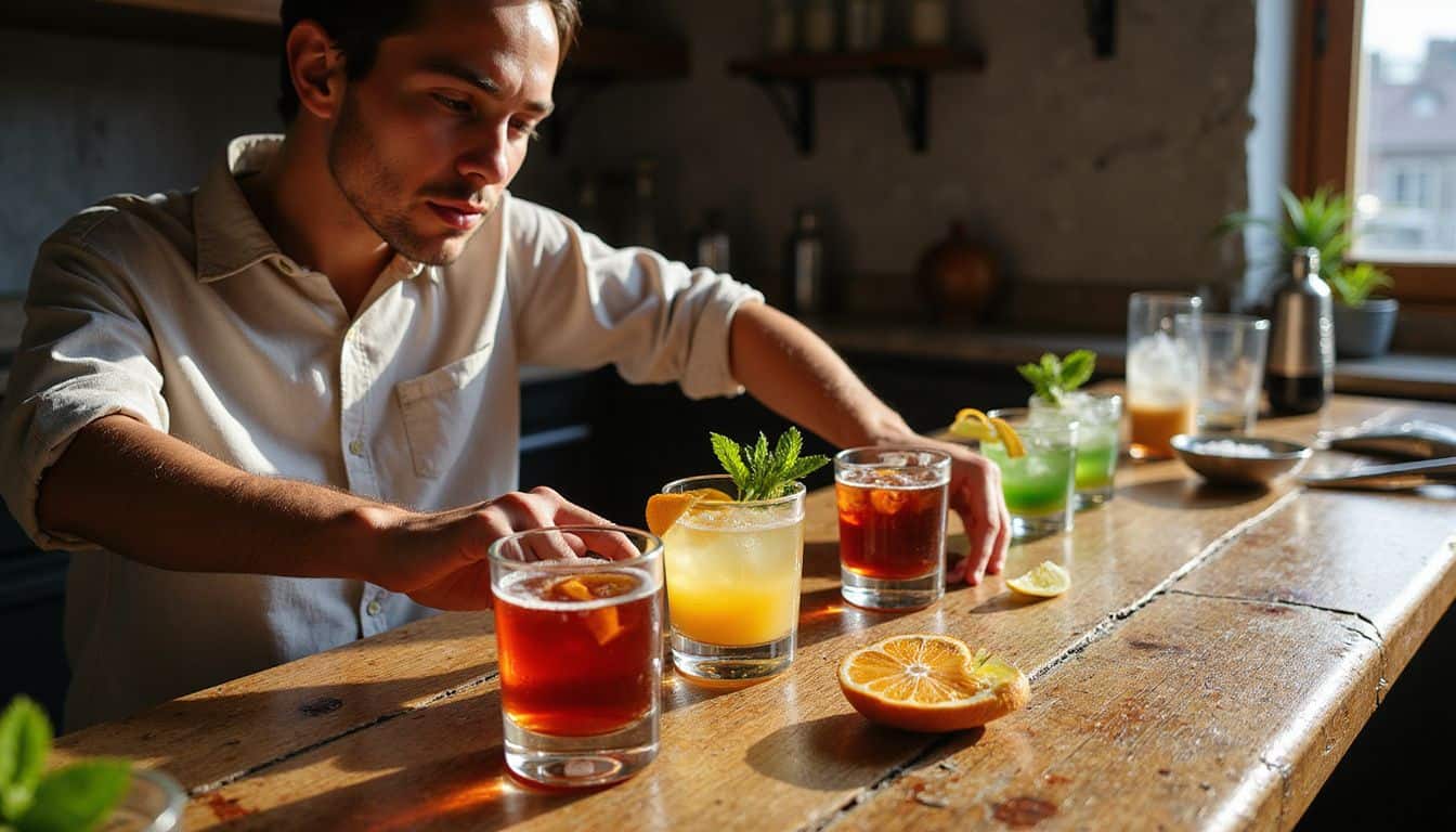 A rustic bar counter displays an array of vibrant cocktails and fresh garnishes, creating an inviting atmosphere for creativity.
