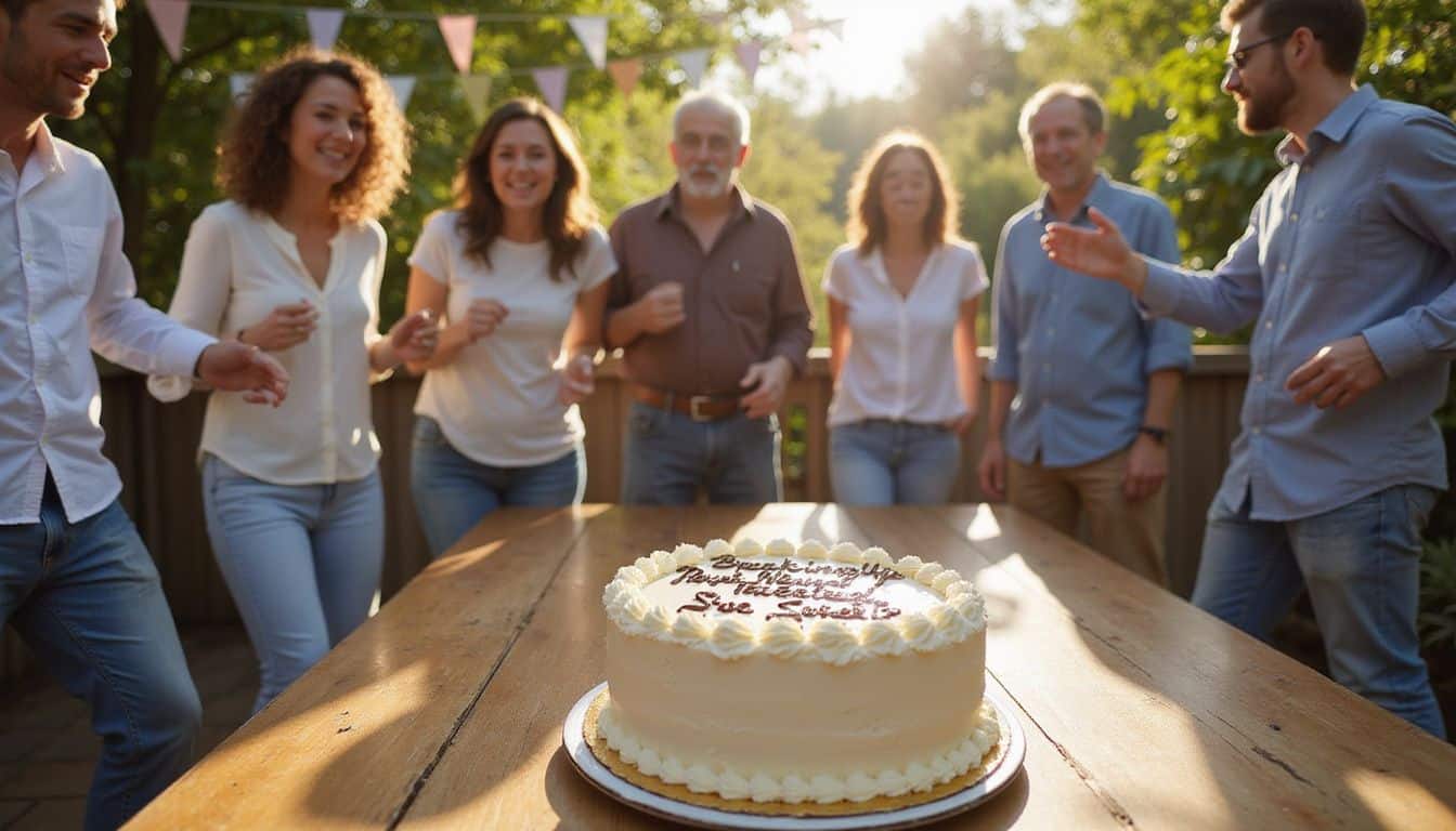 A group of middle-aged friends joyfully celebrates a divorce outdoors with dancing, food, and festive decorations. A group of middle-aged friends joyfully celebrates a divorce outdoors with dancing, food, and festive decorations.