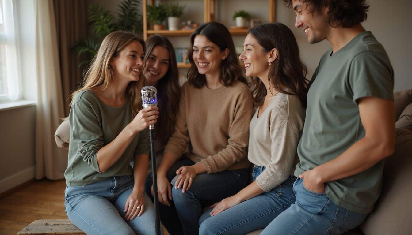 A group of five friends joyfully engages in music together in a cozy living room setting. A group of five friends joyfully engages in music together in a cozy living room setting.