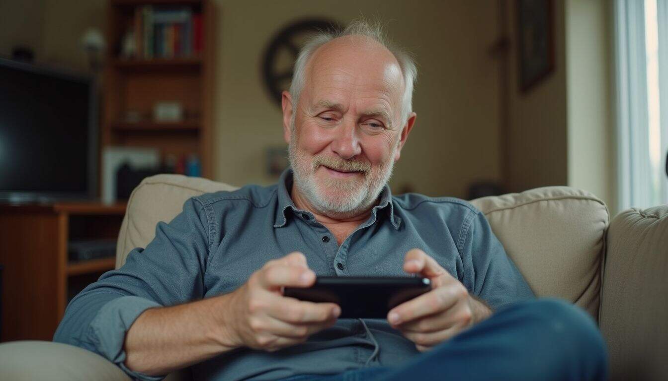 Middle-aged man relaxing with a handheld console in a tidy corner of the living room. Middle-aged man relaxing with a handheld console in a tidy corner of the living room.