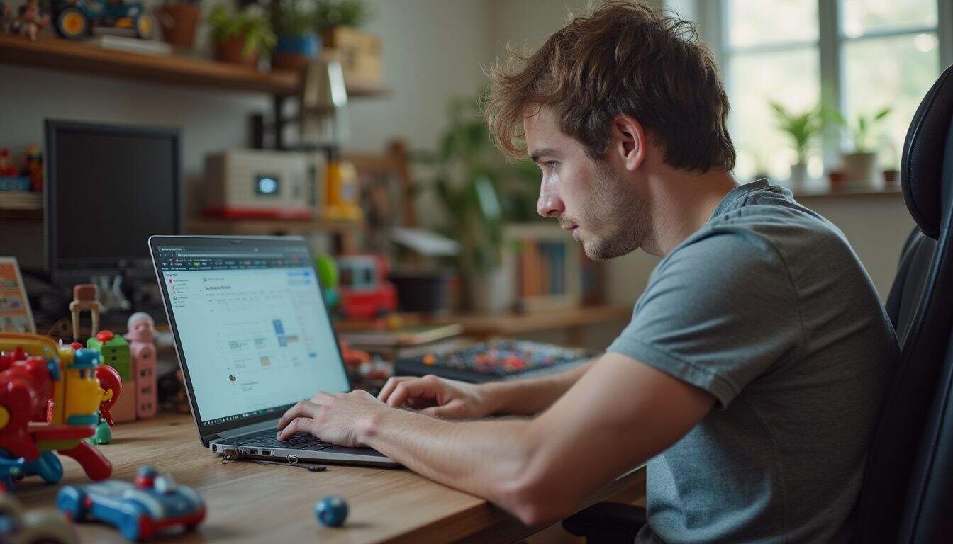 Man working at a cluttered desk, planning family time and gaming in his calendar. Man working at a cluttered desk, planning family time and gaming in his calendar.