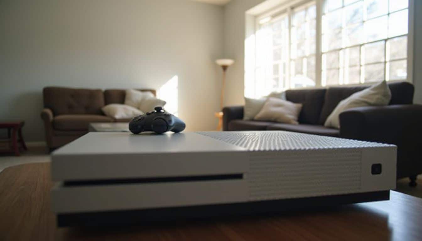 Cozy living room with a console and controller on the table, lights low after bedtime. Cozy living room with a console and controller on the table, lights low after bedtime.