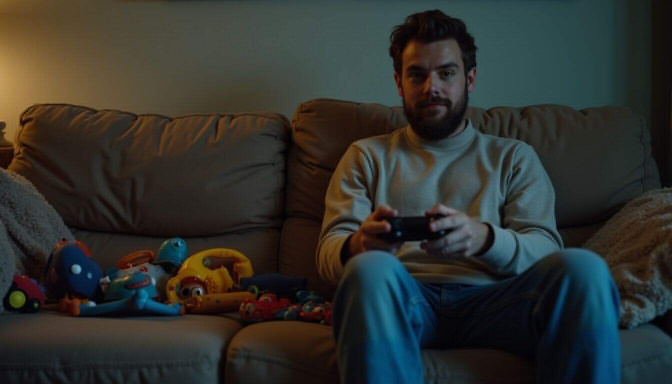 Tired dad holding a controller on a couch with toys around, listening for sleeping kids. Tired dad holding a controller on a couch with toys around, listening for sleeping kids.