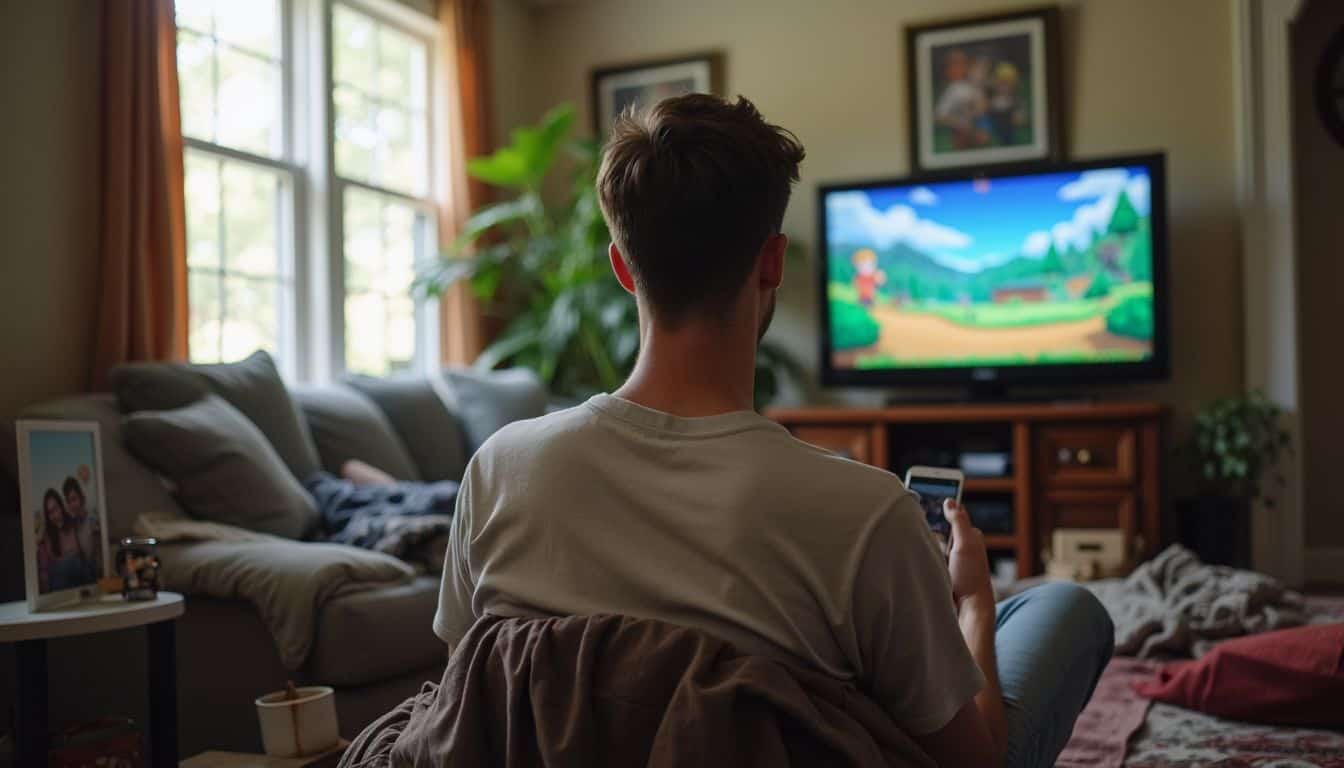 Man relaxing with Stardew Valley in a warm, cluttered living room. Man relaxing with Stardew Valley in a warm, cluttered living room.