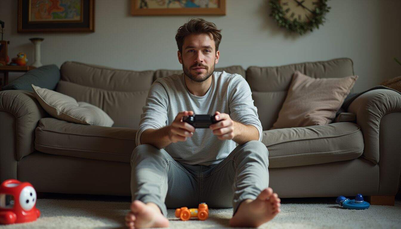 Relaxed dad playing in a toy-filled living room during a quiet moment. Relaxed dad playing in a toy-filled living room during a quiet moment.