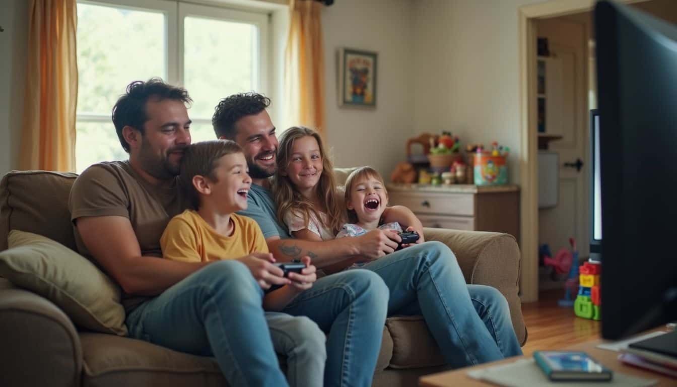 Family of four sharing a lighthearted gaming afternoon on a couch. Family of four sharing a lighthearted gaming afternoon on a couch.