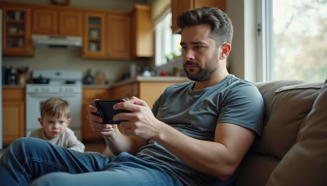 Dad plays while a toddler naps on the couch, living room slightly messy but cozy. Dad plays while a toddler naps on the couch, living room slightly messy but cozy.