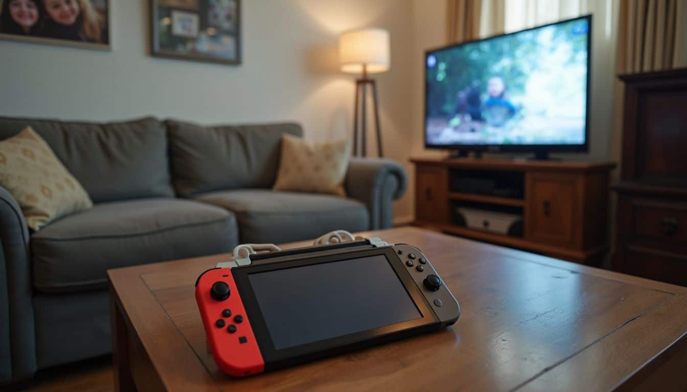 Nintendo Switch Lite on a cluttered coffee table in a cozy room, ready to pause. Nintendo Switch Lite on a cluttered coffee table in a cozy room, ready to pause.