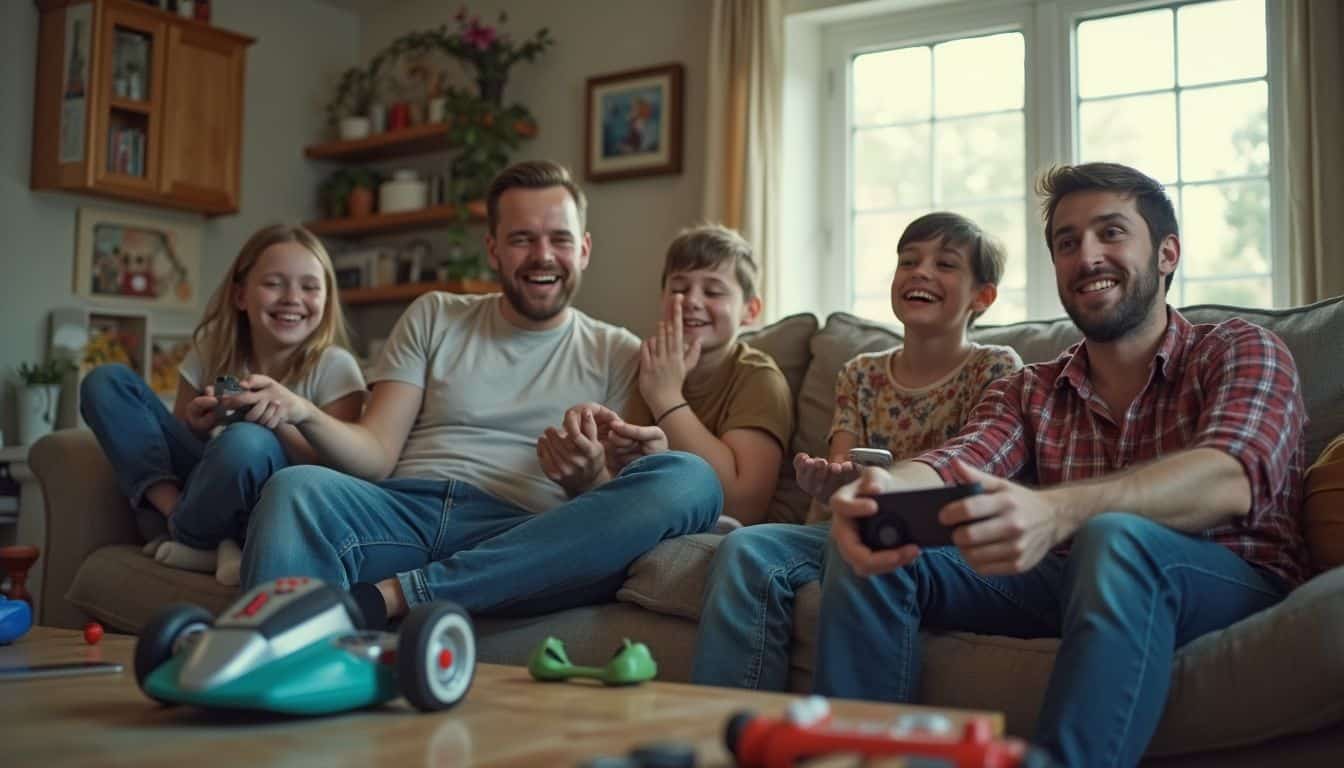 Couple laughing while playing Mario Kart on a cozy couch with family nearby. Couple laughing while playing Mario Kart on a cozy couch with family nearby.