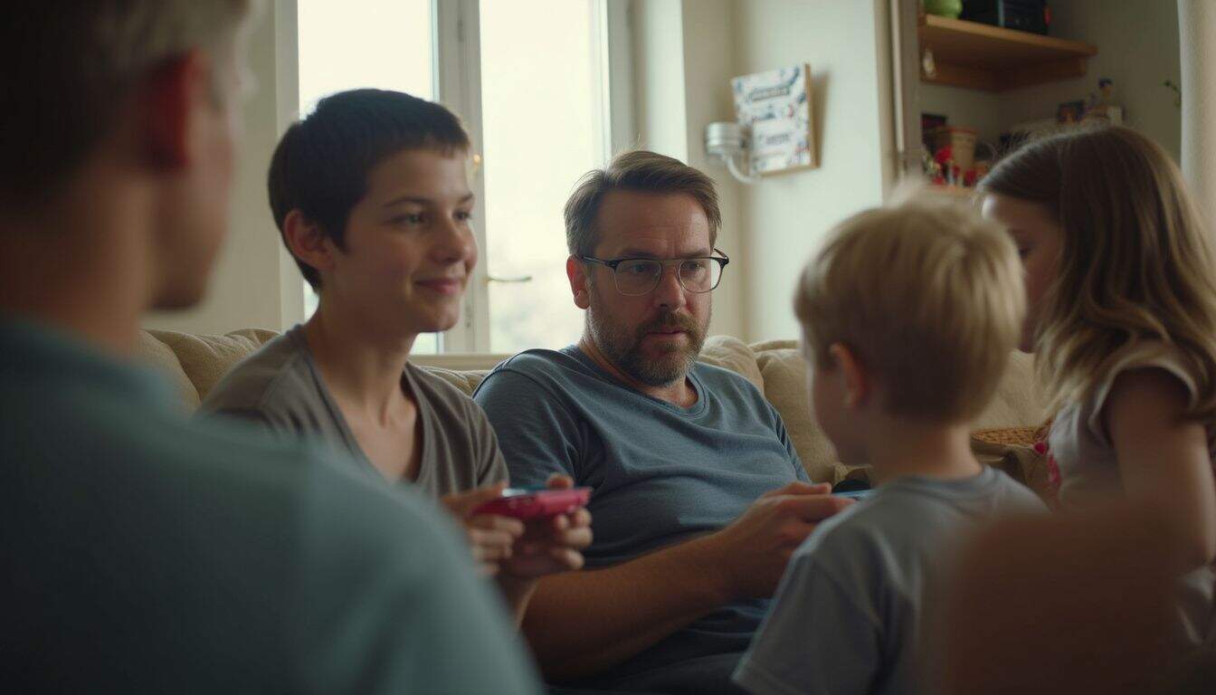 Dad gaming in a cozy living room while family relaxes nearby, easy to pause and resume. Dad gaming in a cozy living room while family relaxes nearby, easy to pause and resume.