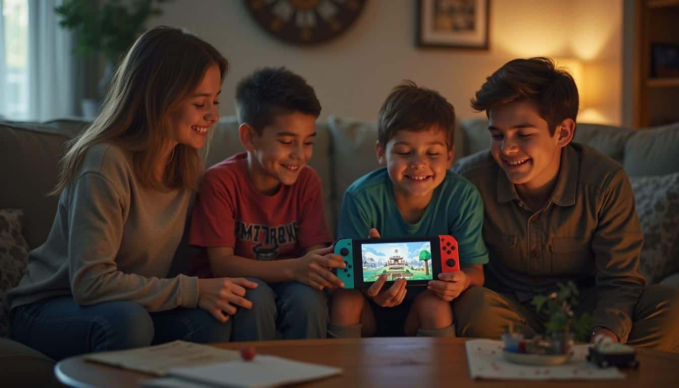 Family of four playing Minecraft together in a warm, lived-in living room. Family of four playing Minecraft together in a warm, lived-in living room.